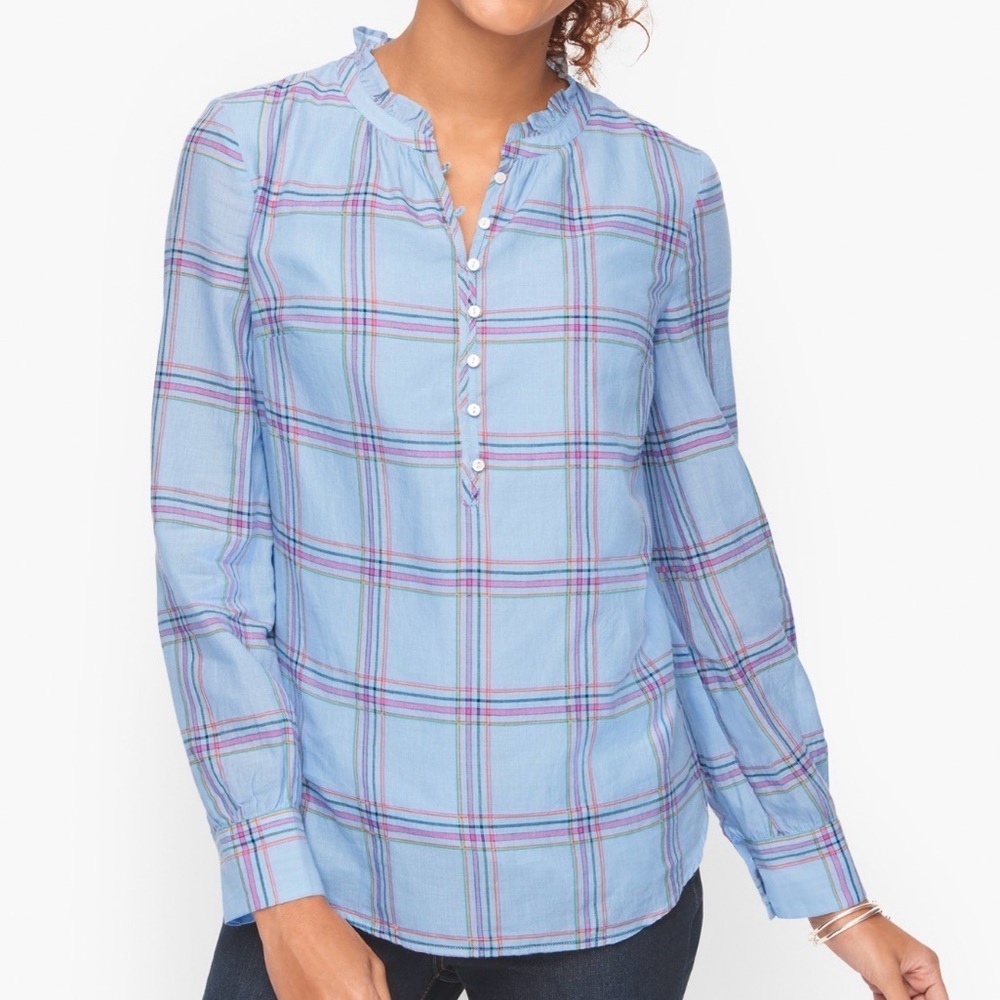Talbots Popover Tunic Blouse Ruffle Collar Light Blue Plaid Lightweight Size 3X